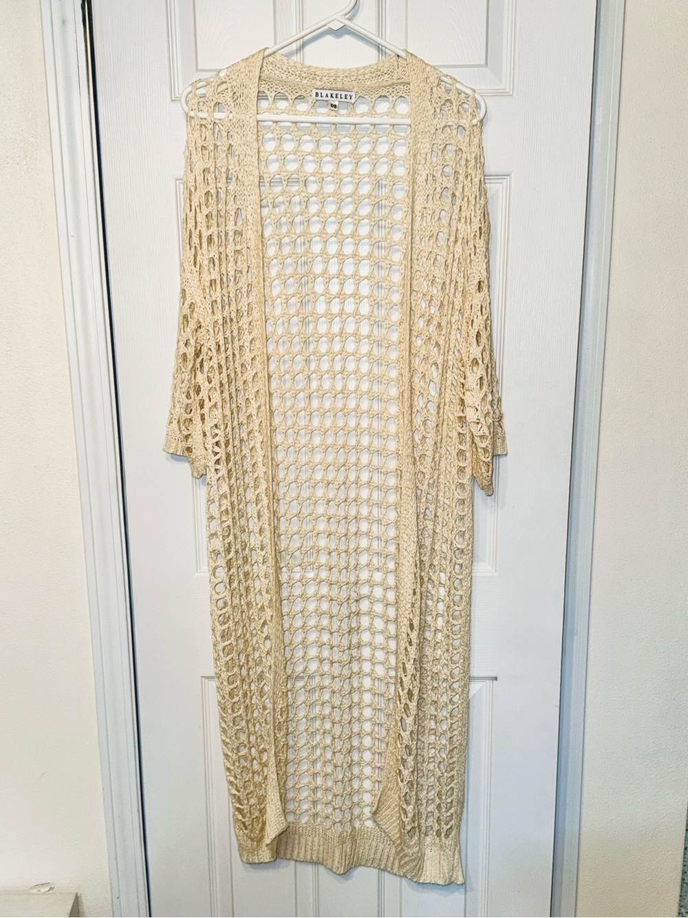 Blakeley Ivory Open Knit Crochet Long Duster Cardigan OS Boho Beach Cover Up